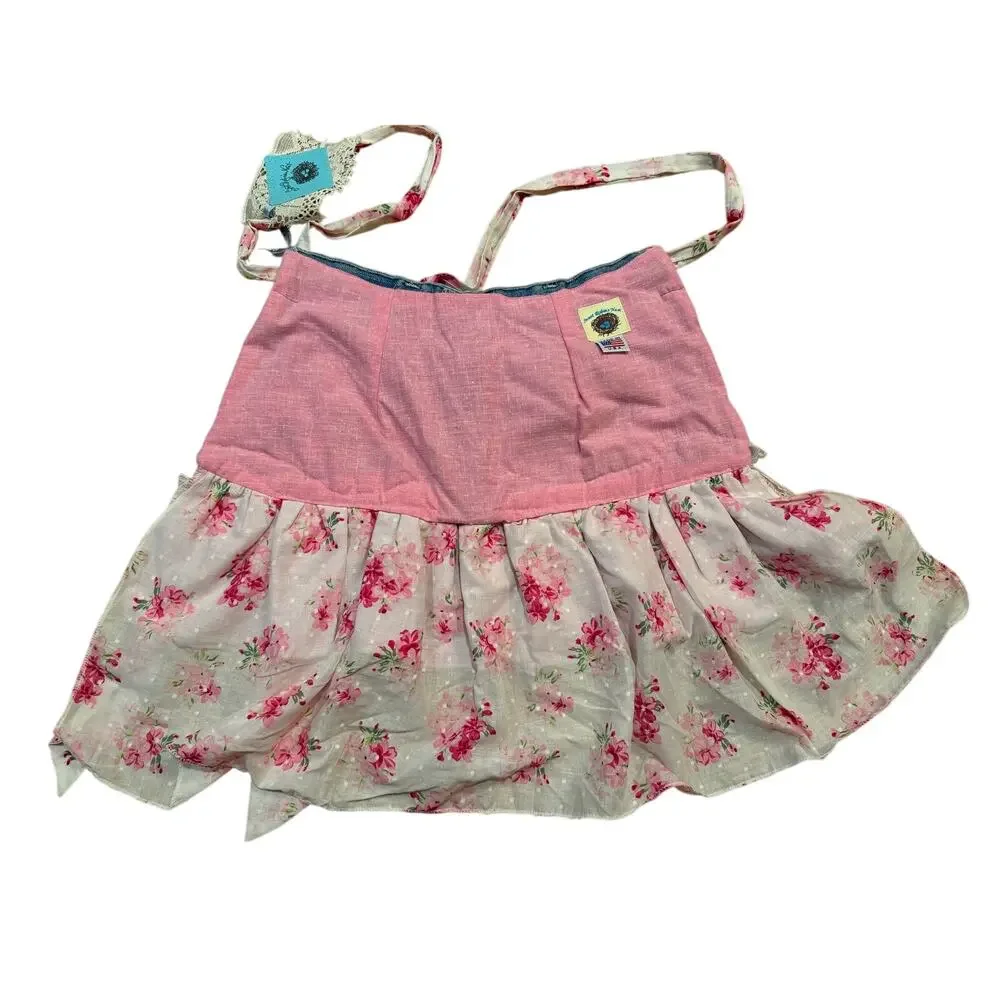 Sweet Robin's Nest Upcycled Denim Ruffle Apron Skirt Floral Lace Pink Blue NWT